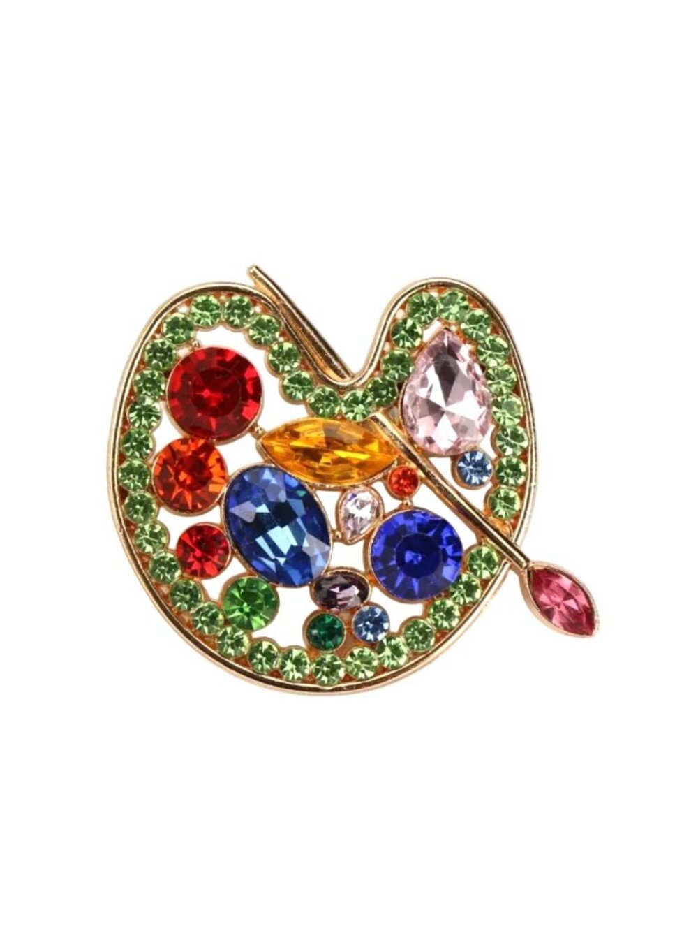 Bright Rhinestone Brooch Painter Artist Pallet & Brush Gold Tone